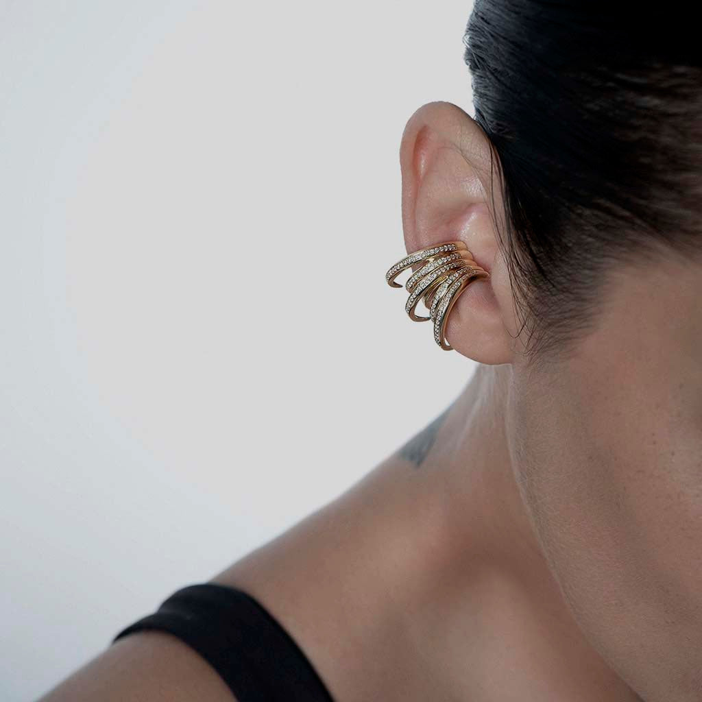 Five Strokes Paved Ear Cuff in Yellow Gold