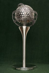 Portugal Masters trophy featuring a metallic globe design on a sleek pedestal, showcasing intricate detailing and a polished finish.