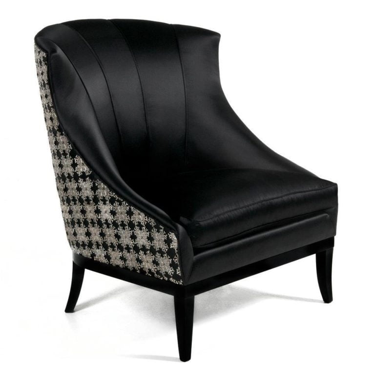 Stylish black accent chair featuring a sleek design and patterned fabric on the back, perfect for modern interiors.