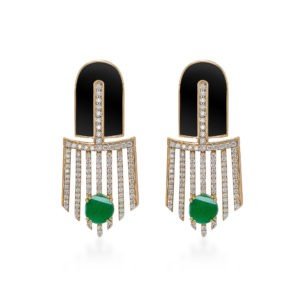 Gold earrings featuring black enamel, diamonds, and green gemstones, showcasing a modern design with intricate detailing.