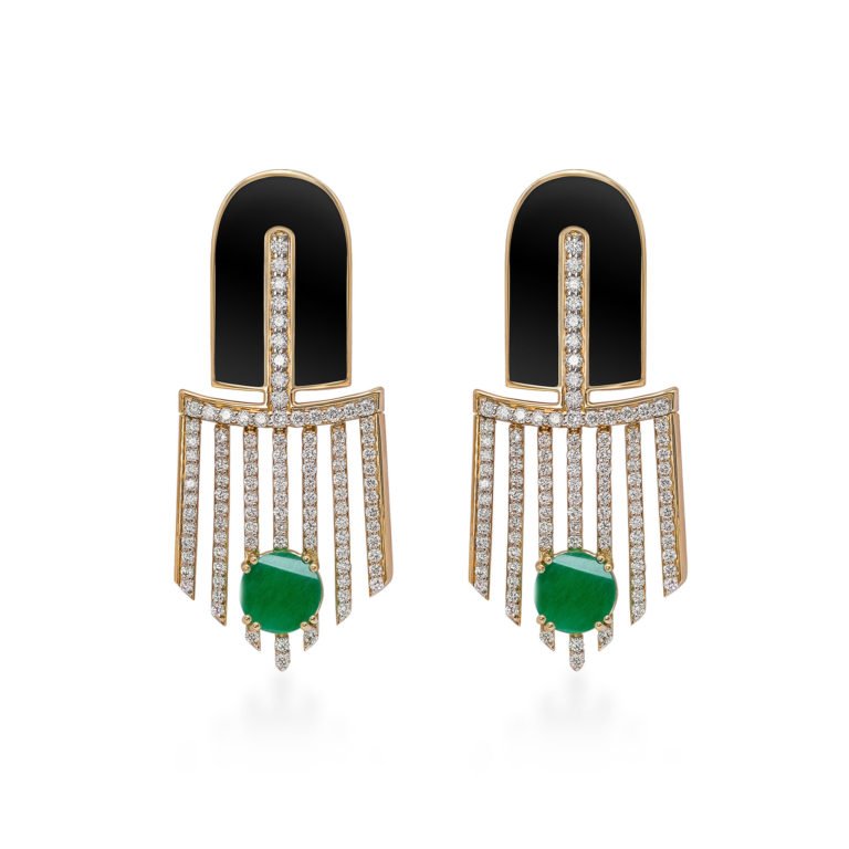 Gold earrings featuring black enamel, diamonds, and green gemstones, showcasing a modern design with intricate detailing.