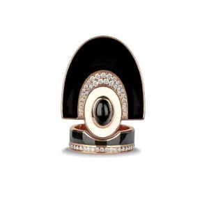 Josephine ring featuring black enamel, a central black stone, and diamond accents in a unique geometric design.