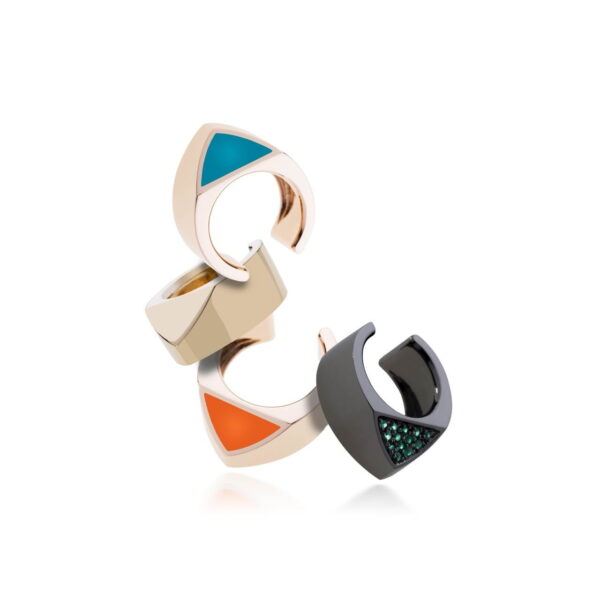 A set of three modern geometric rings featuring vibrant colors and unique designs, showcasing a blend of elegance and contemporary style.