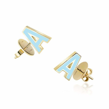 Baby blue enamel letter 'A' earrings with gold accents, stylish and trendy accessory for personalized jewelry collections.