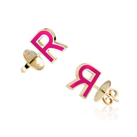 Gold and hot pink enamel letter R stud earrings, featuring a modern design, perfect for adding a pop of color to any outfit.