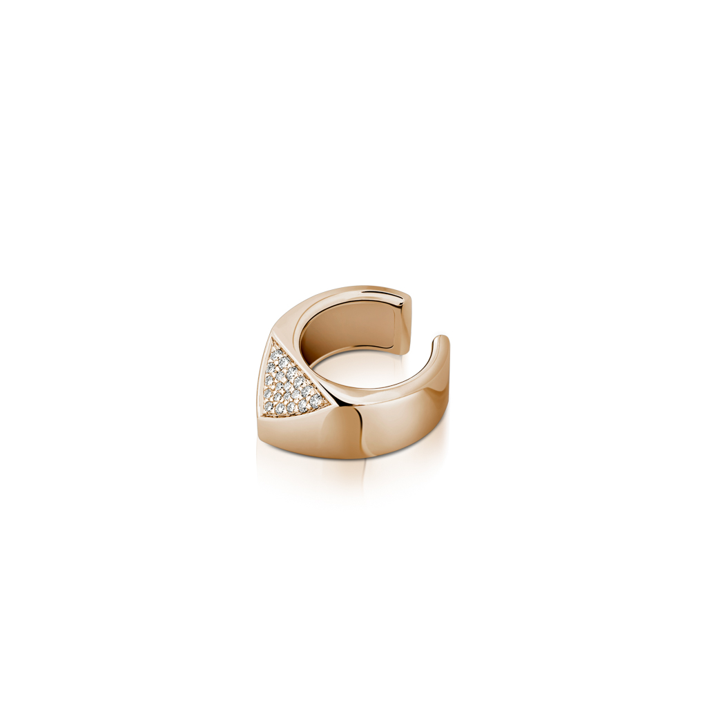 Rose gold ear cuff featuring a triangular design with diamond accents.