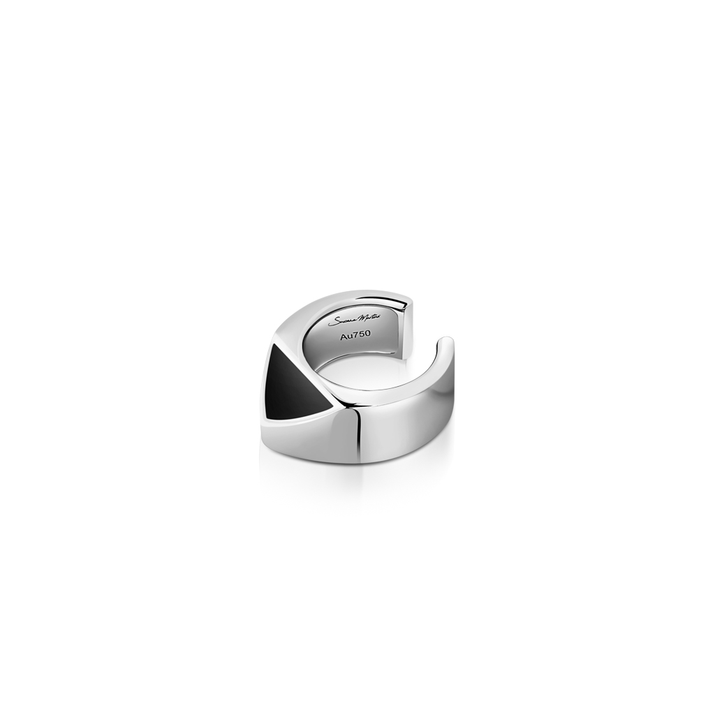 Jelly bean ear cuff featuring a black enamel design and white gold finish.