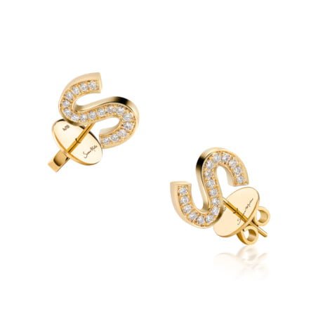 Letter Mania 3D studs featuring a gold finish and diamond embellishments, showcasing a unique letter design for elegant jewelry.