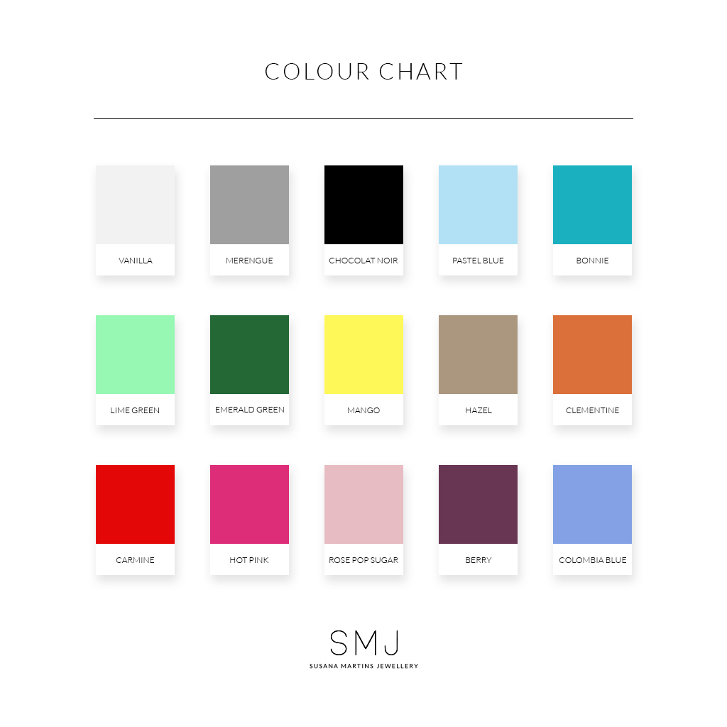 Colour chart featuring 16 different color swatches with names for each color.