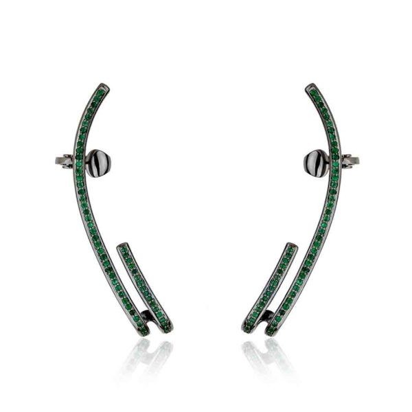 Stylish green emerald ear climbers featuring a sleek design with sparkling stones, perfect for modern jewelry collections.