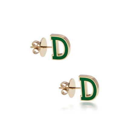 Gold earrings featuring a green initial 'D' design, perfect for adding a personalized touch to any outfit.
