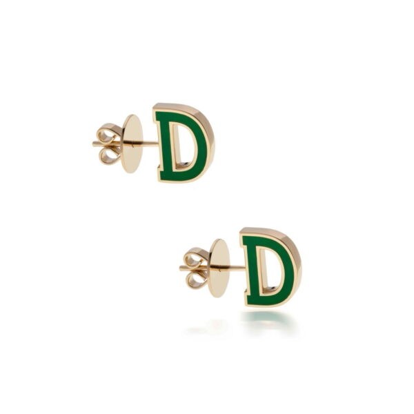 Gold earrings featuring a green initial 'D' design, perfect for adding a personalized touch to any outfit.