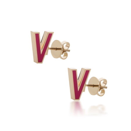 Gold earrings featuring a bold V logo design with pink accents, stylish and modern jewelry accessory.