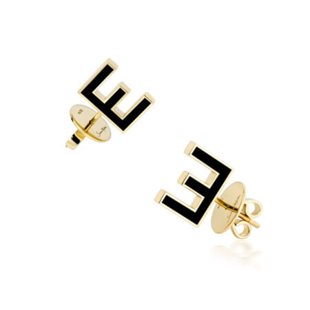 Gold and black enamel letter E studs earrings, stylish and modern design, perfect for casual or formal occasions.