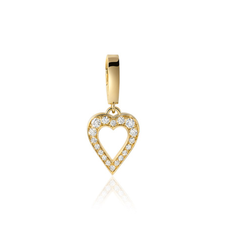 Gold heart charm pendant adorned with sparkling diamonds, featuring a hollow center and a polished finish, ideal for jewelry collections.