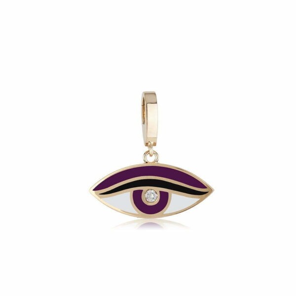 Gold eye pendant charm with purple and white enamel and a sparkling stone, ideal for jewelry collections and fashion accessories.