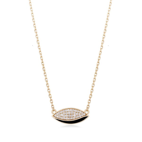 Gold necklace featuring an eye-shaped pendant adorned with sparkling diamonds, showcasing elegance and style.