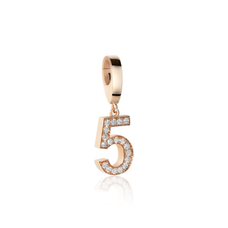 Gold charm in the shape of the number 5, adorned with diamonds.