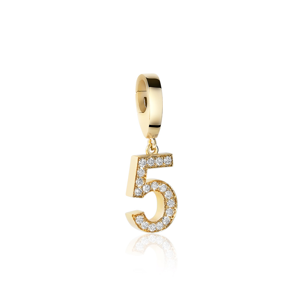Gold charm in the shape of the number 5, adorned with diamonds.