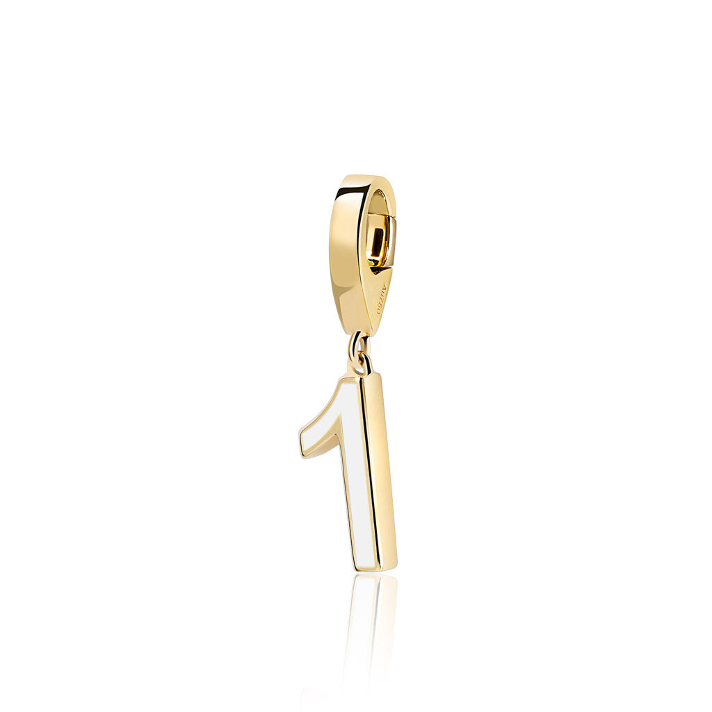 Gold charm pendant in the shape of the number 1 with a polished finish.