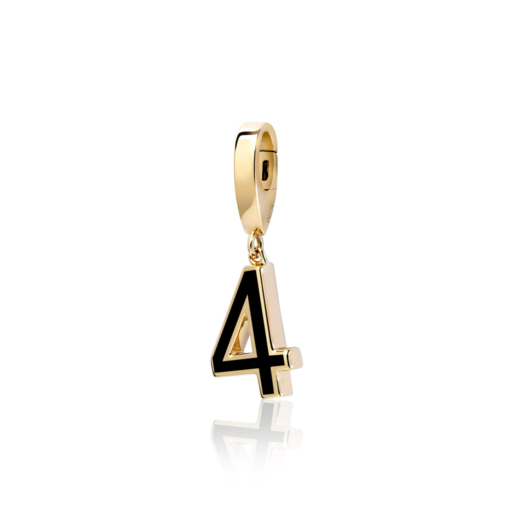 Gold charm featuring the number 4 in black enamel with a hoop attachment.