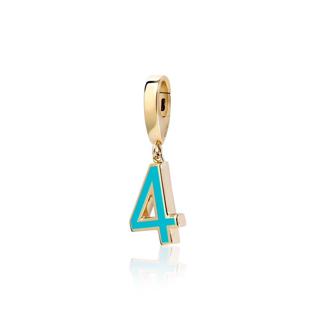 Gold charm featuring the number 4 in turquoise enamel with a hanging loop.