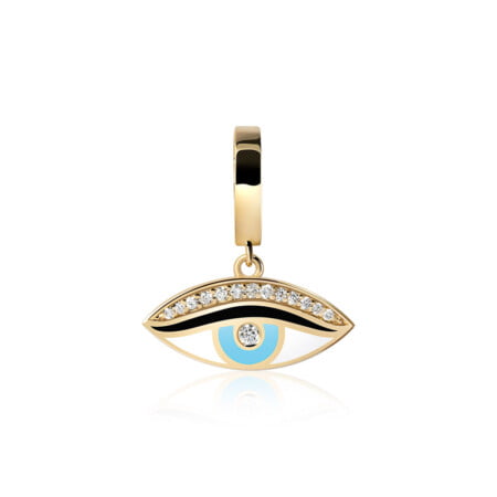 Gold mini pendant featuring an eye design with blue and white accents, adorned with sparkling crystals for a stylish accessory.