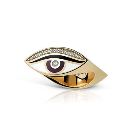 Double faced eye thumb ring featuring gold and gemstone accents, showcasing a unique design with an eye motif.