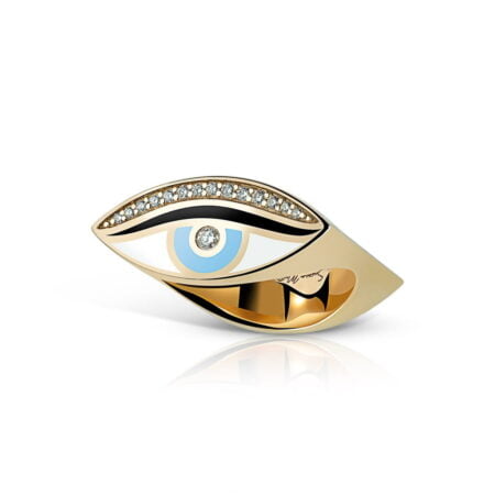 Double faced thumb ring featuring an eye design with baby blue accents and sparkling details, crafted in gold.