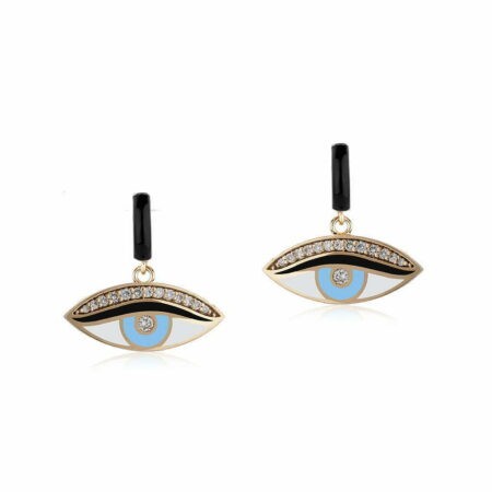 Gold and blue earrings featuring an eye design with sparkling rhinestones, perfect for adding a unique touch to any outfit.