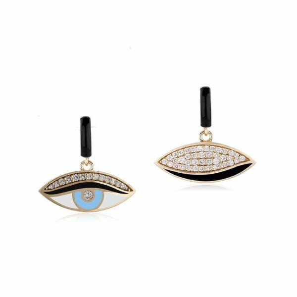 Gold earrings featuring eye design with blue and black accents, adorned with sparkling crystals, perfect for adding a unique touch to any outfit.