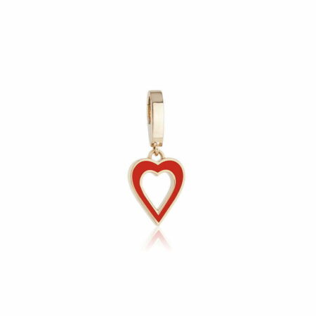 Gold and red enamel heart charm pendant featuring a hollow center, perfect for jewelry collections and accessories.