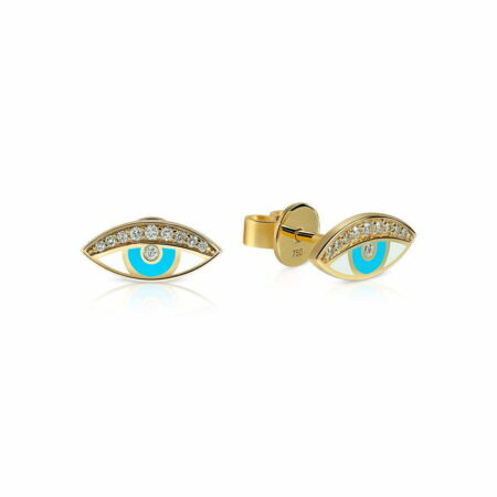 Gold and turquoise mini stud earrings featuring eye design with sparkling crystals, perfect for adding a unique touch to any outfit.