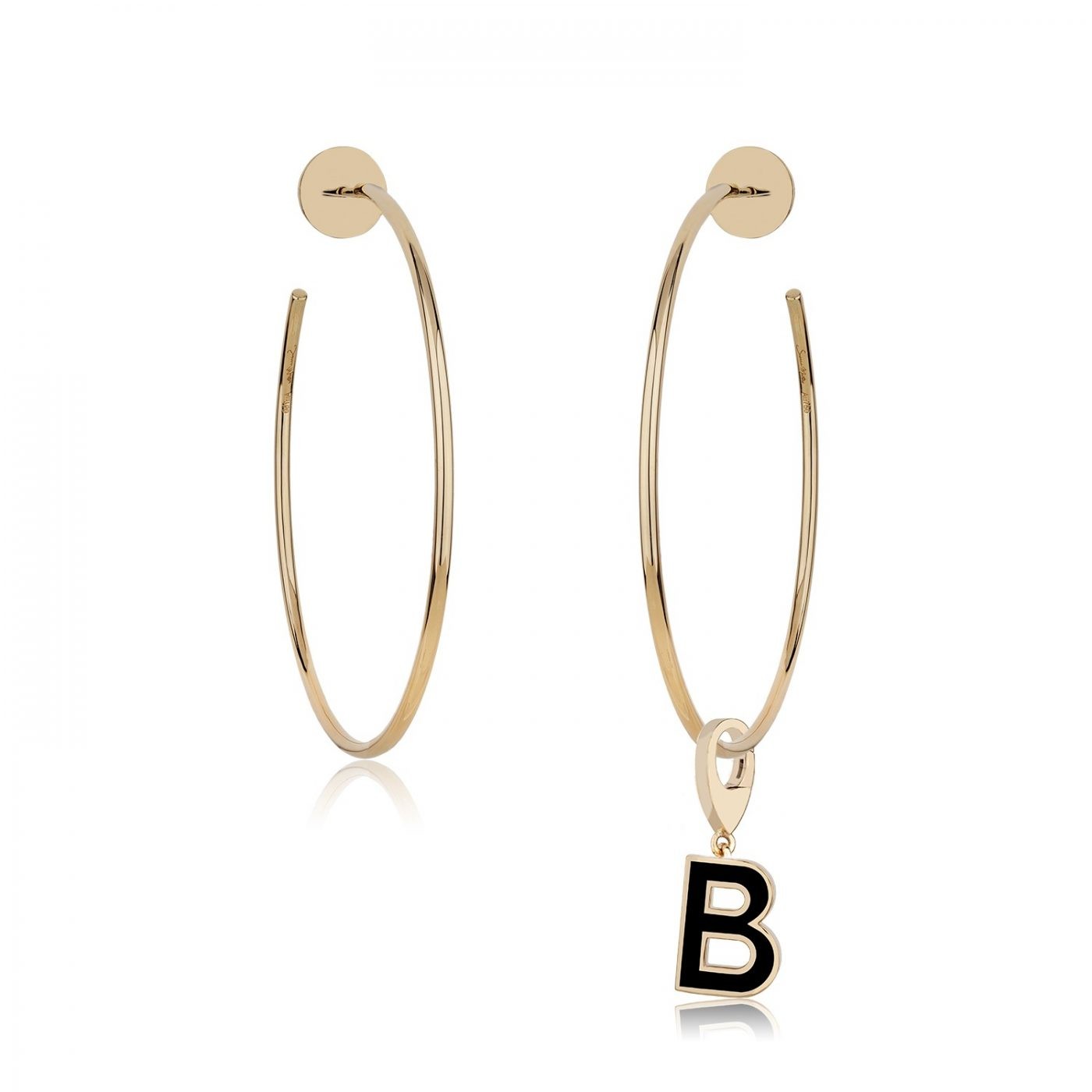 Gold hoop earrings featuring a dangling black letter B charm, stylish and elegant jewelry accessory for personal expression.
