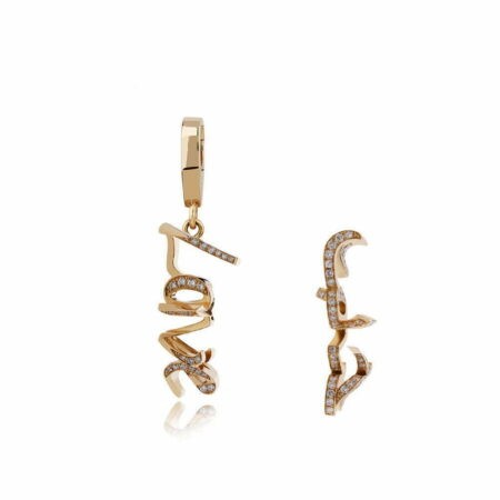 Gold 3D double love earrings with sparkling crystals, designed by Lettermania, showcasing a unique and elegant style for jewelry enthusiasts.
