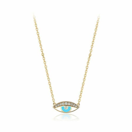 Gold chain necklace featuring a mini eye pendant with turquoise and diamond accents, symbolizing protection and style.