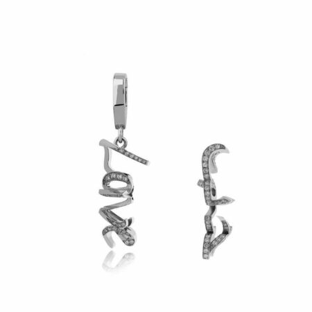 Stylish silver earrings featuring the word 'Love' adorned with sparkling diamonds, perfect for adding elegance to any outfit.