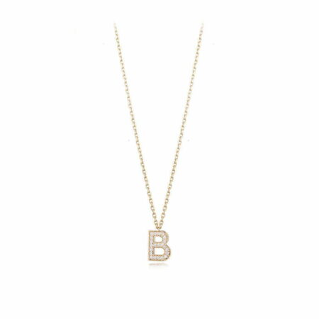 Gold necklace featuring a diamond-encrusted letter B pendant, elegant jewelry piece for personal style and gifting.