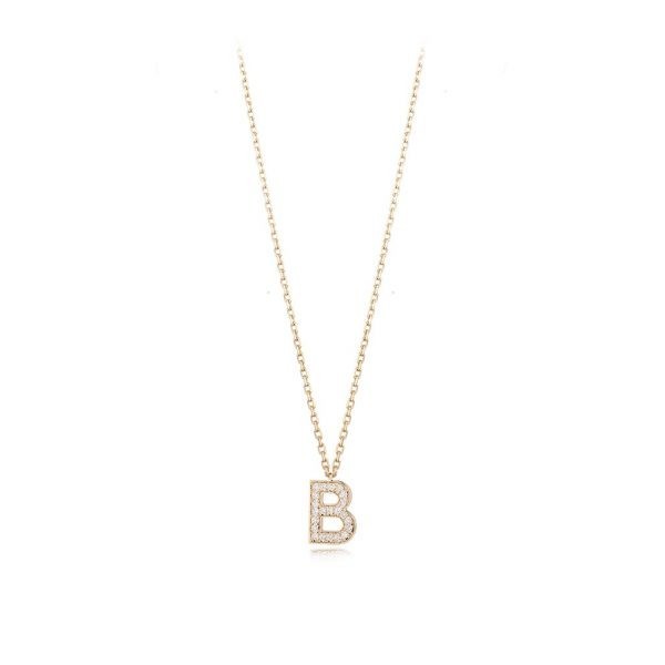 Gold necklace featuring a diamond-encrusted letter B pendant, elegant jewelry piece for personal style and gifting.