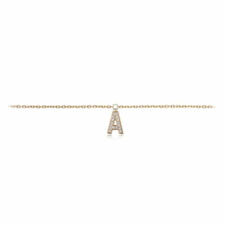 Gold anklet featuring a diamond-encrusted letter A pendant, perfect for personalizing jewelry collections.