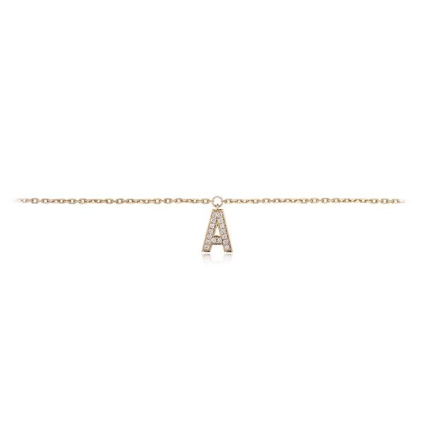 Gold anklet featuring a diamond-encrusted letter A pendant, perfect for personalizing jewelry collections.