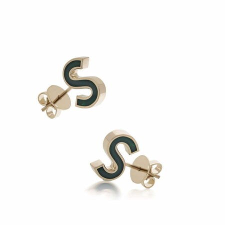 Gold stud earrings featuring a green letter S design, stylish and modern jewelry accessory for everyday wear.