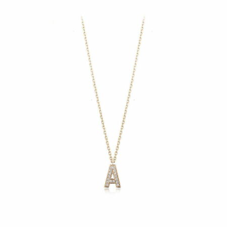 Gold necklace featuring a diamond-encrusted letter A pendant, showcasing elegance and luxury in jewelry design.
