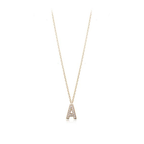 Gold necklace featuring a diamond-encrusted letter A pendant, showcasing elegance and luxury in jewelry design.