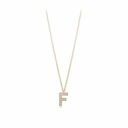 Gold necklace featuring a diamond-encrusted letter F pendant, perfect for personalized jewelry collections and gifts.