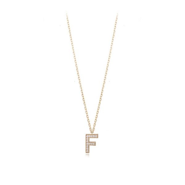 Gold necklace featuring a diamond-encrusted letter F pendant, perfect for personalized jewelry collections and gifts.