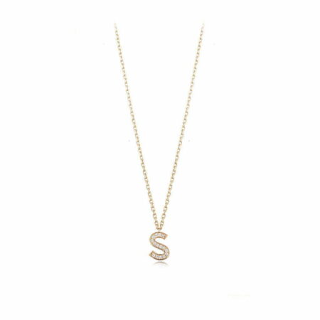 Elegant gold necklace featuring a diamond-encrusted letter S pendant, perfect for personalized jewelry collections.