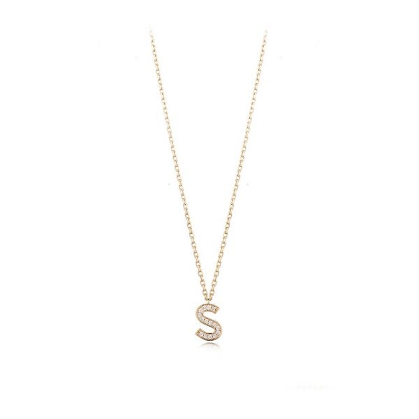 Elegant gold necklace featuring a diamond-encrusted letter S pendant, perfect for personalized jewelry collections.