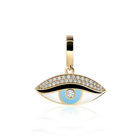 Gold charm featuring an eye design with blue and white enamel, adorned with sparkling crystals, perfect for jewelry collections.