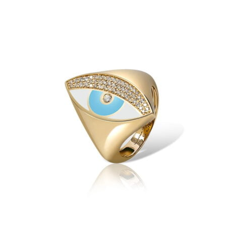 Gold signet ring featuring an eye design with blue enamel and sparkling stones, ideal for fashion jewelry collections.